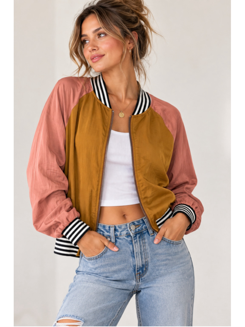 Saltwater Luxe Crossfire Bomber Jacket S NWT Colorblock Pink Mustard Varsity